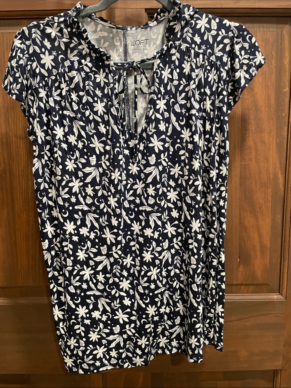 LOFT Navy and White Floral Tie-Front Short-Sleeve Tee